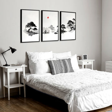 Japanese Art Ink Wash Landscape with Red Sun wall art displayed on a wall in a styled room — view 6