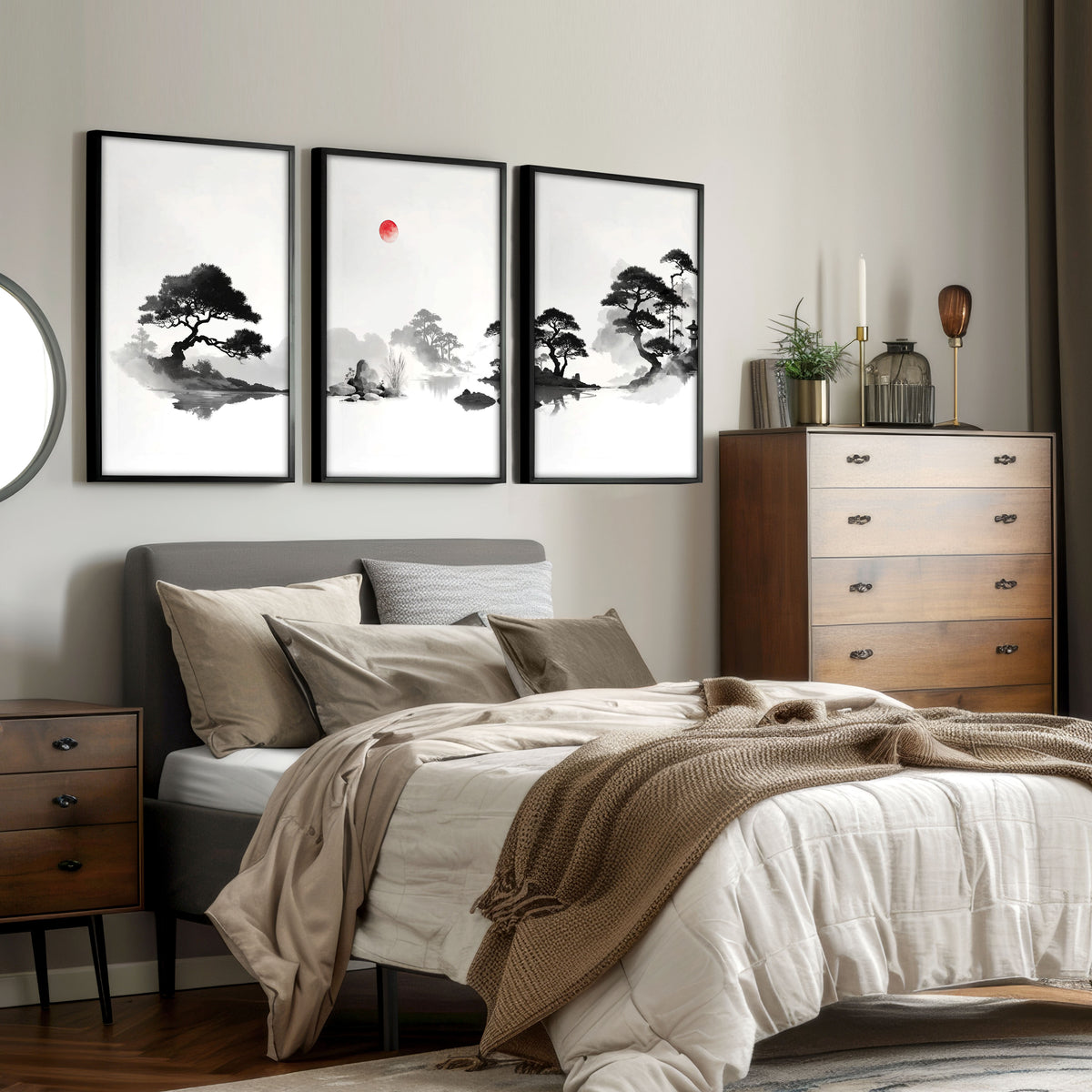 Japanese Art Ink Wash Landscape with Red Sun wall art displayed on a wall in a styled room — view 7
