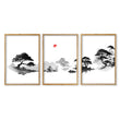 Japanese Art Ink Wash Landscape with Red Sun wall art in an oak frame