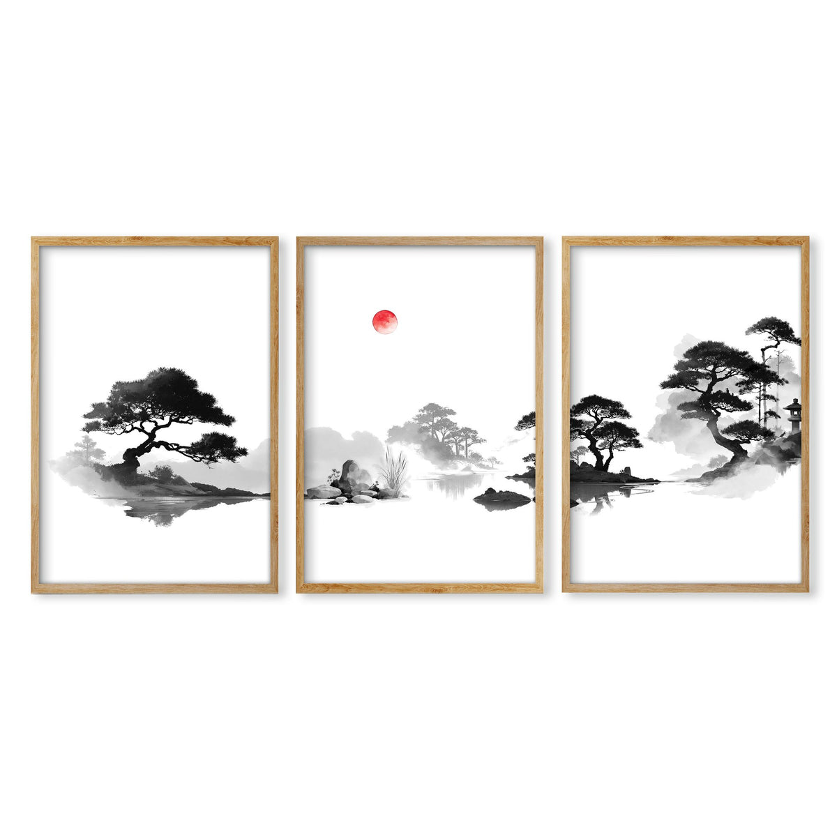 Japanese Art Ink Wash Landscape with Red Sun wall art in an oak frame
