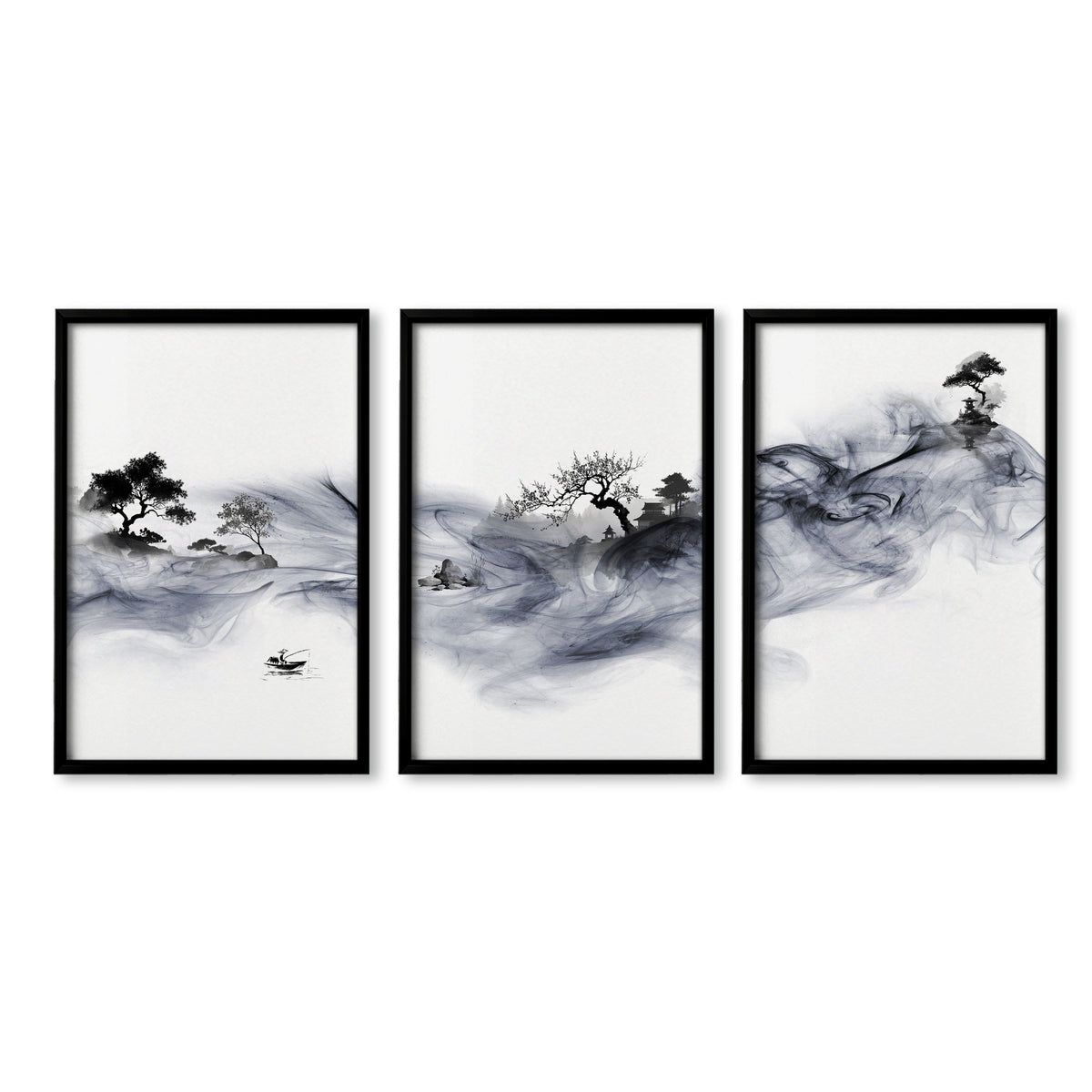 Japanese Art wall art Ink Wash Asian Landscape with Fisherman & Pagoda in a black frame