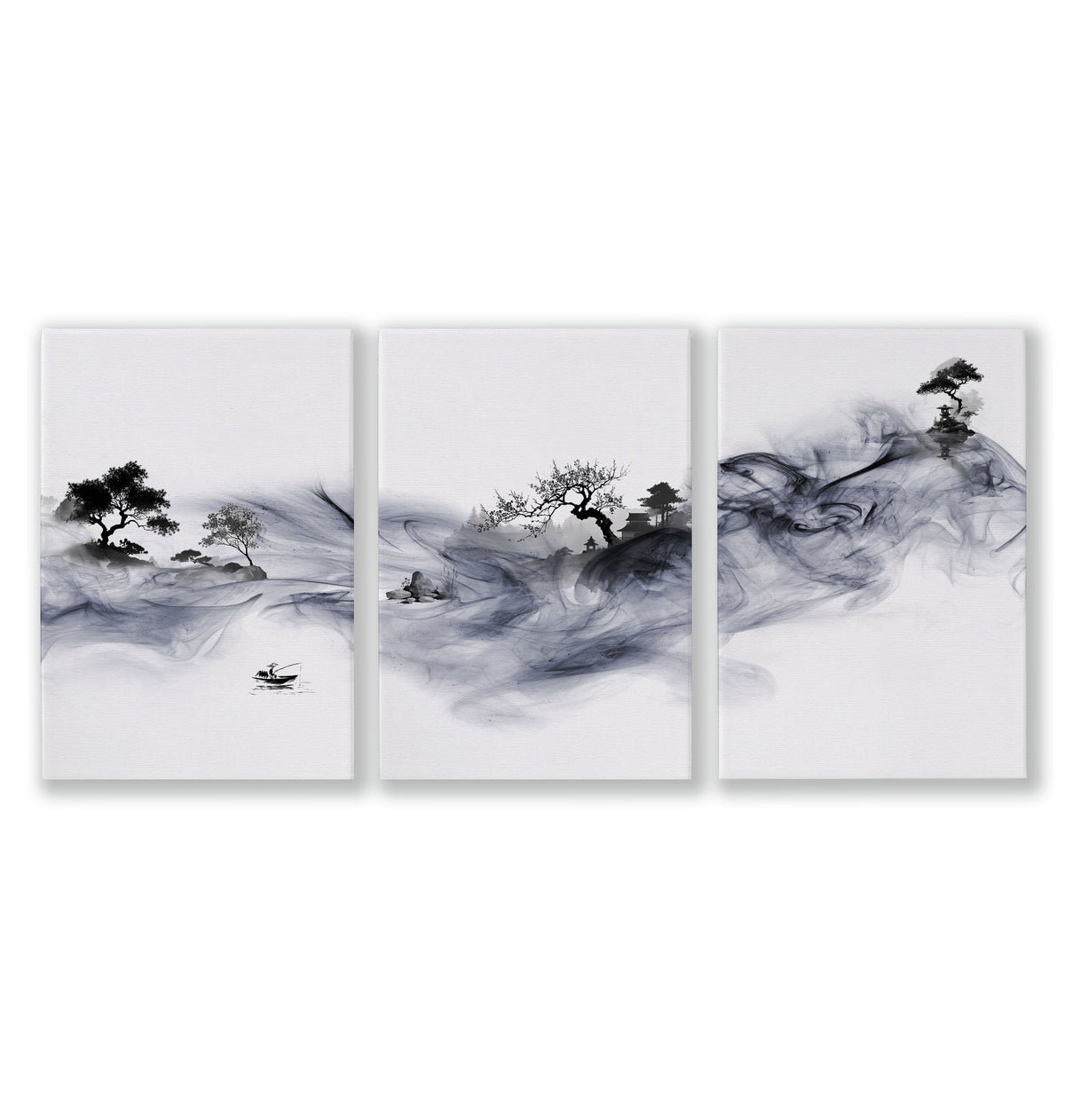 Japanese Art wall art Ink Wash Asian Landscape with Fisherman & Pagoda as a wrapped canvas