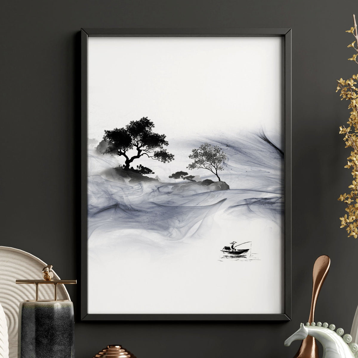 Japanese Art wall art Ink Wash Asian Landscape with Fisherman & Pagoda — piece 1 of 3 in the set