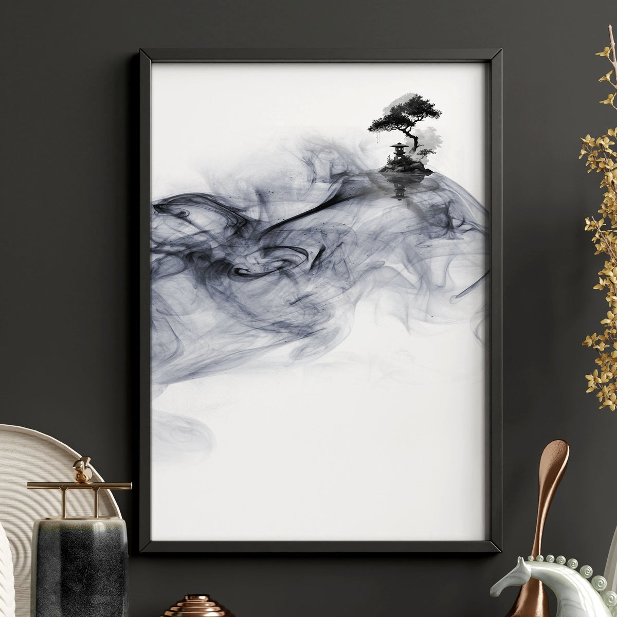 Japanese Art wall art Ink Wash Asian Landscape with Fisherman & Pagoda — piece 2 of 3 in the set