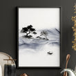 Japanese Art Prints Ink Wash Asian Landscape with Fisherman & Pagoda | Set of 3