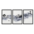 Japanese Art Prints Ink Wash Asian Landscape with Fisherman & Pagoda | Set of 3