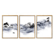 Japanese Art Prints Ink Wash Asian Landscape with Fisherman & Pagoda | Set of 3