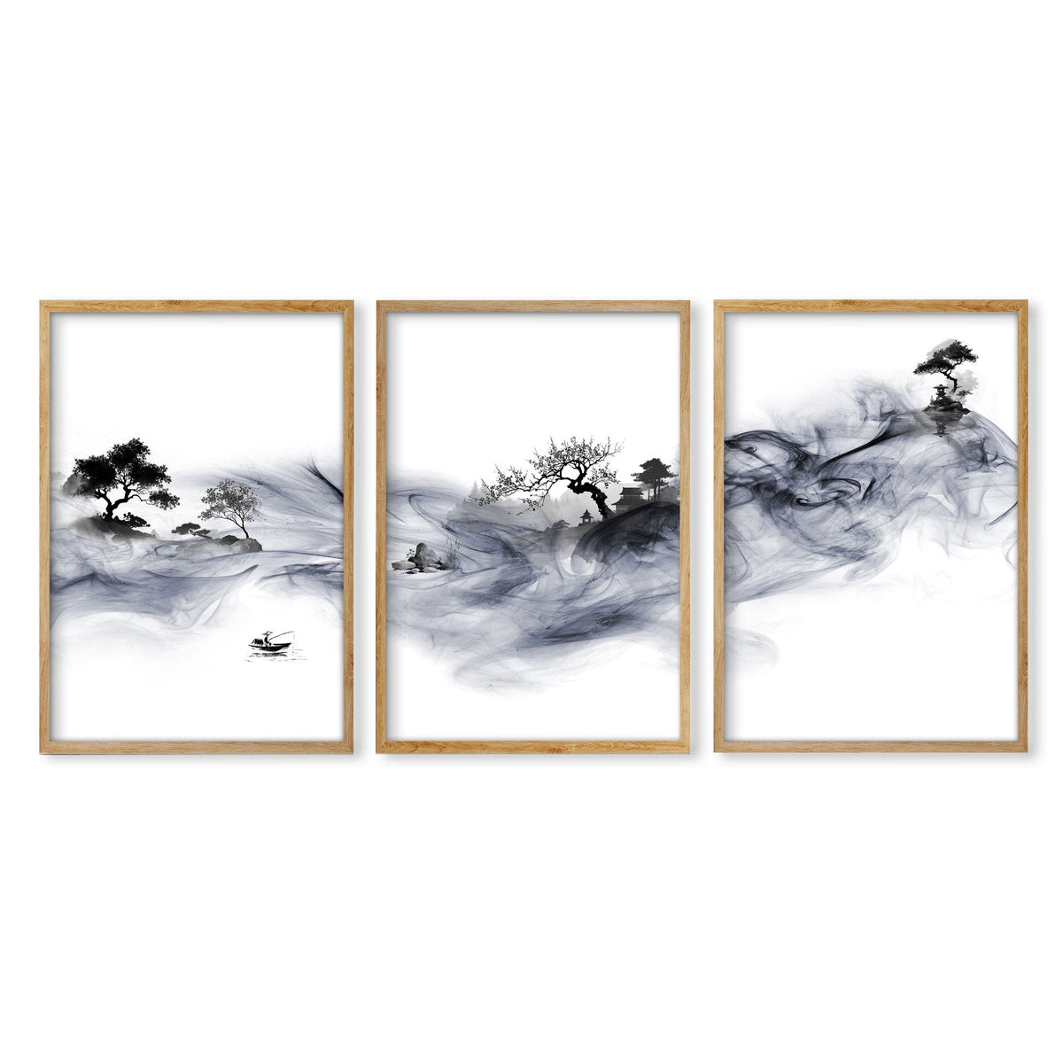 Japanese Art Prints Ink Wash Asian Landscape with Fisherman & Pagoda | Set of 3