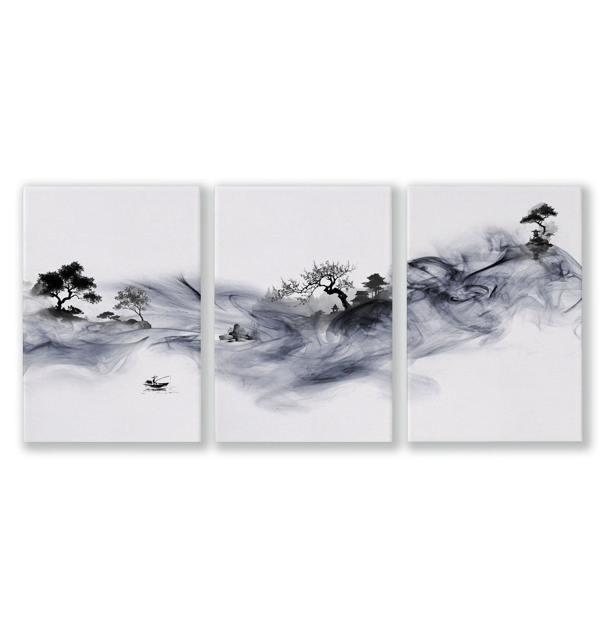 Japanese Art Prints Ink Wash Asian Landscape with Fisherman & Pagoda | Set of 3