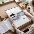 Japanese Art wall art Ink Wash Asian Landscape with Fisherman & Pagoda displayed on a wall in a styled room — view 10