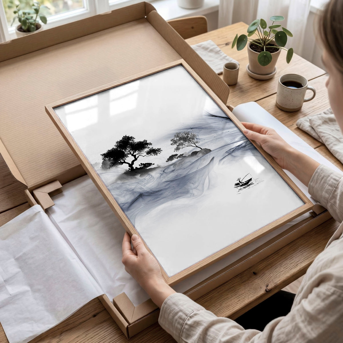 Japanese Art wall art Ink Wash Asian Landscape with Fisherman & Pagoda displayed on a wall in a styled room — view 10