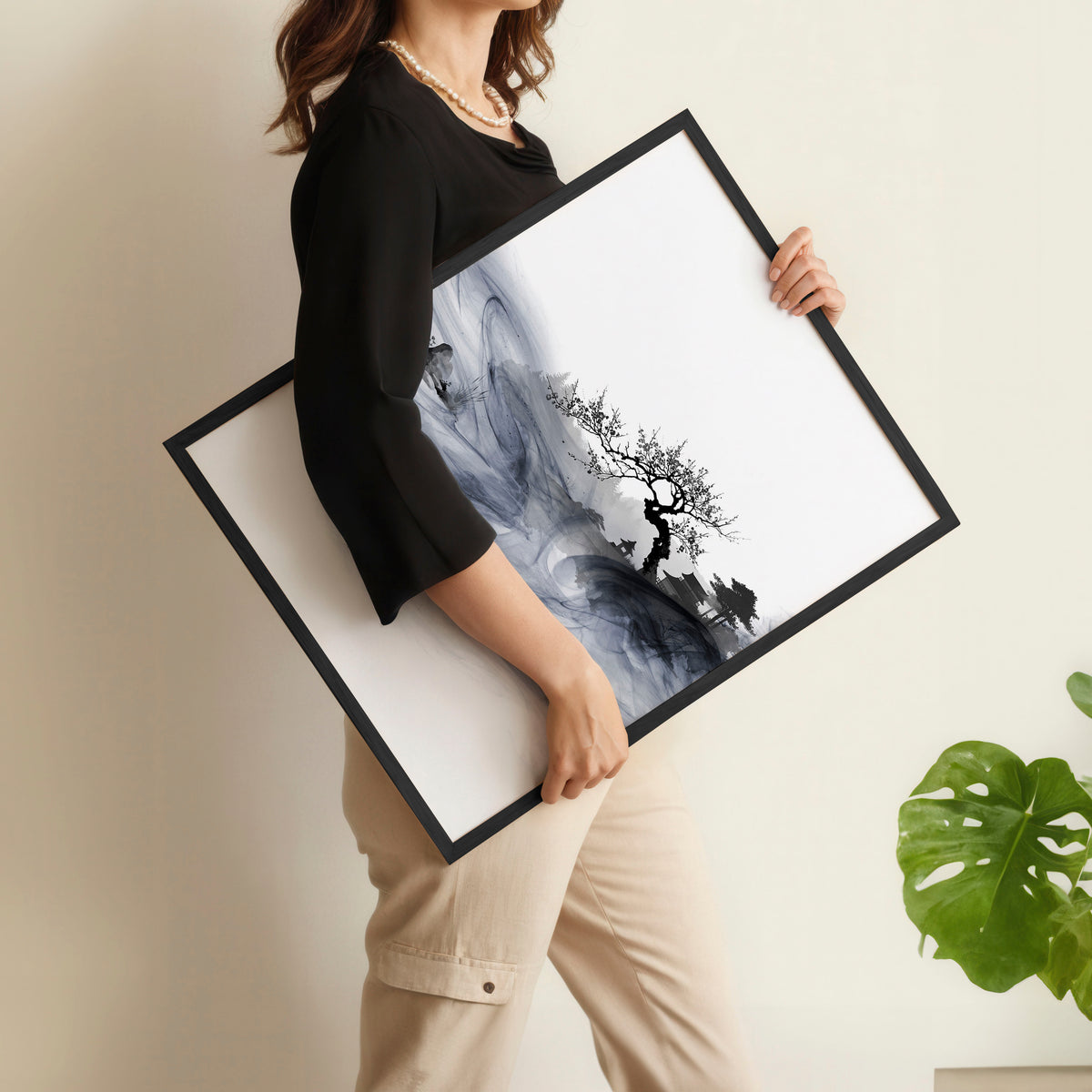 Japanese Art wall art Ink Wash Asian Landscape with Fisherman & Pagoda displayed on a wall in a styled room — view 11