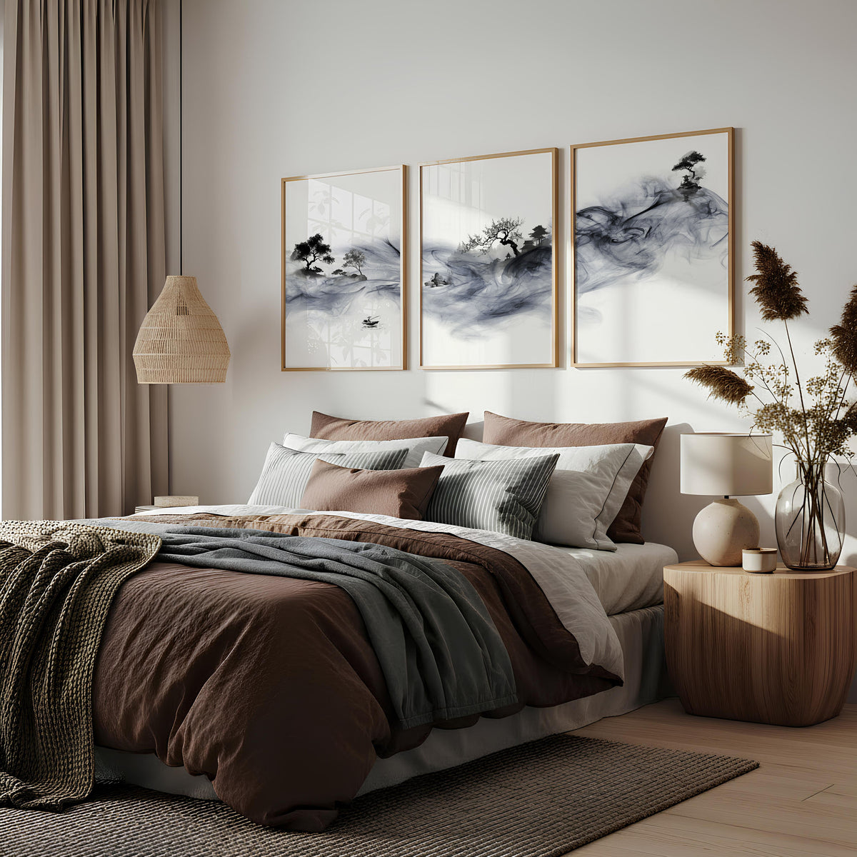 Japanese Art wall art Ink Wash Asian Landscape with Fisherman & Pagoda displayed on a wall in a styled room — view 2