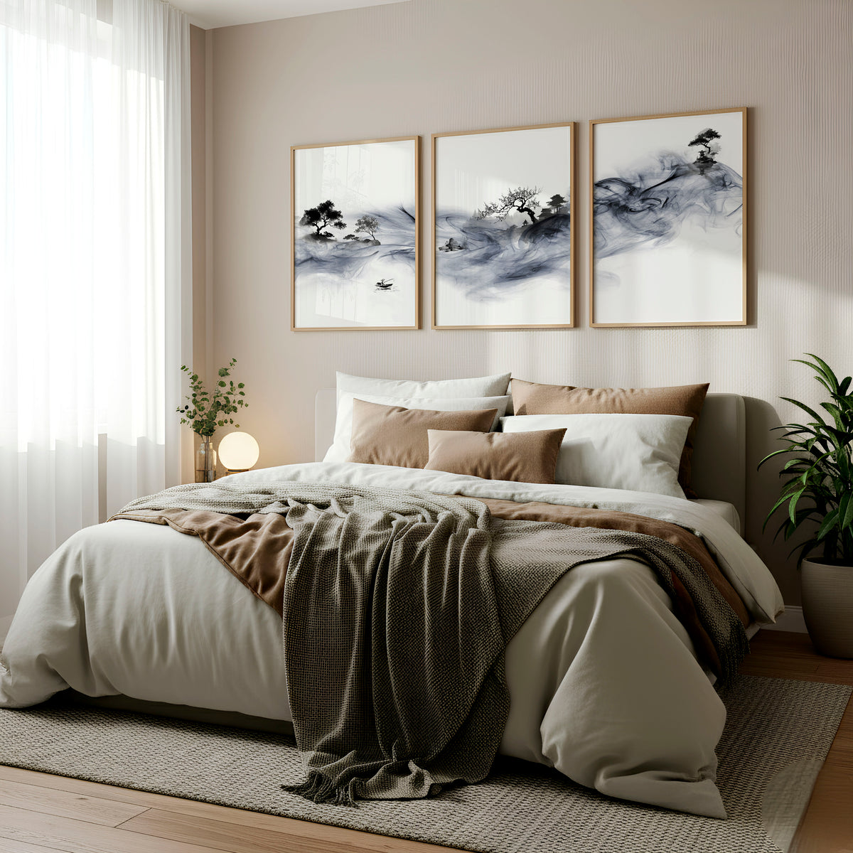 Japanese Art wall art Ink Wash Asian Landscape with Fisherman & Pagoda displayed on a wall in a styled room — view 3