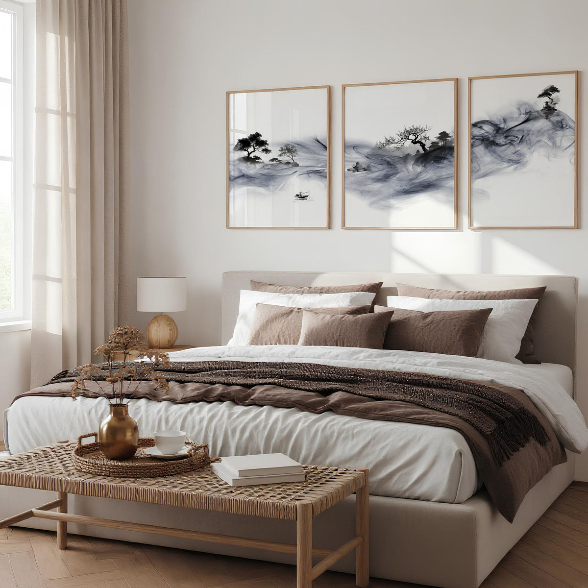 Japanese Art wall art Ink Wash Asian Landscape with Fisherman & Pagoda displayed on a wall in a styled room — view 4