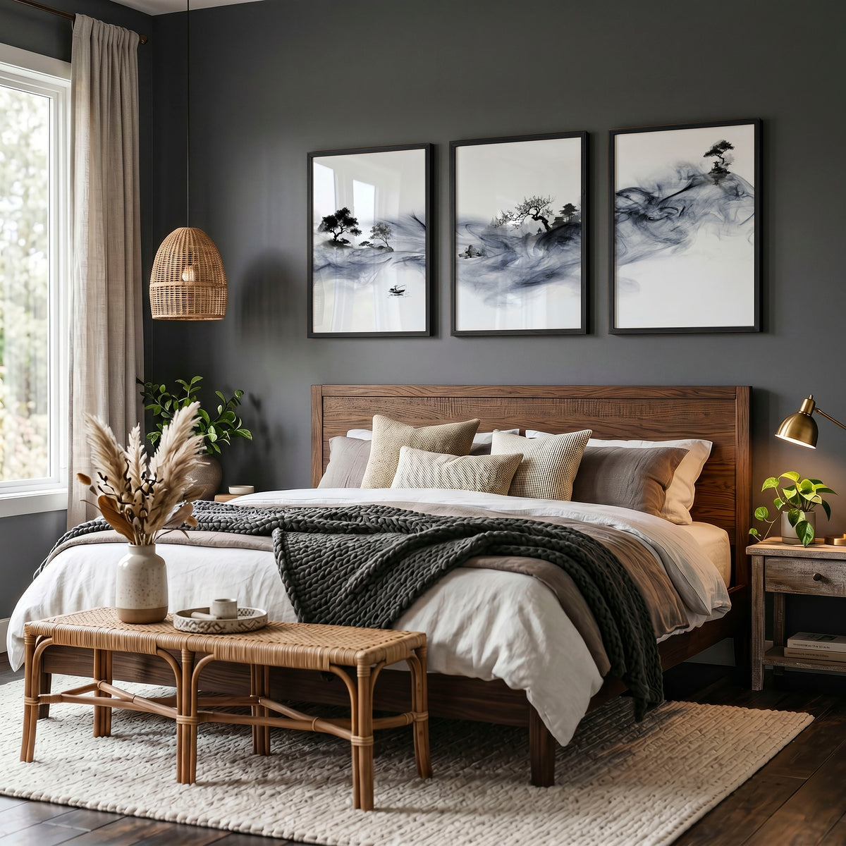 Japanese Art wall art Ink Wash Asian Landscape with Fisherman & Pagoda displayed on a wall in a styled room — view 5