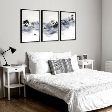 Japanese Art wall art Ink Wash Asian Landscape with Fisherman & Pagoda displayed on a wall in a styled room — view 8
