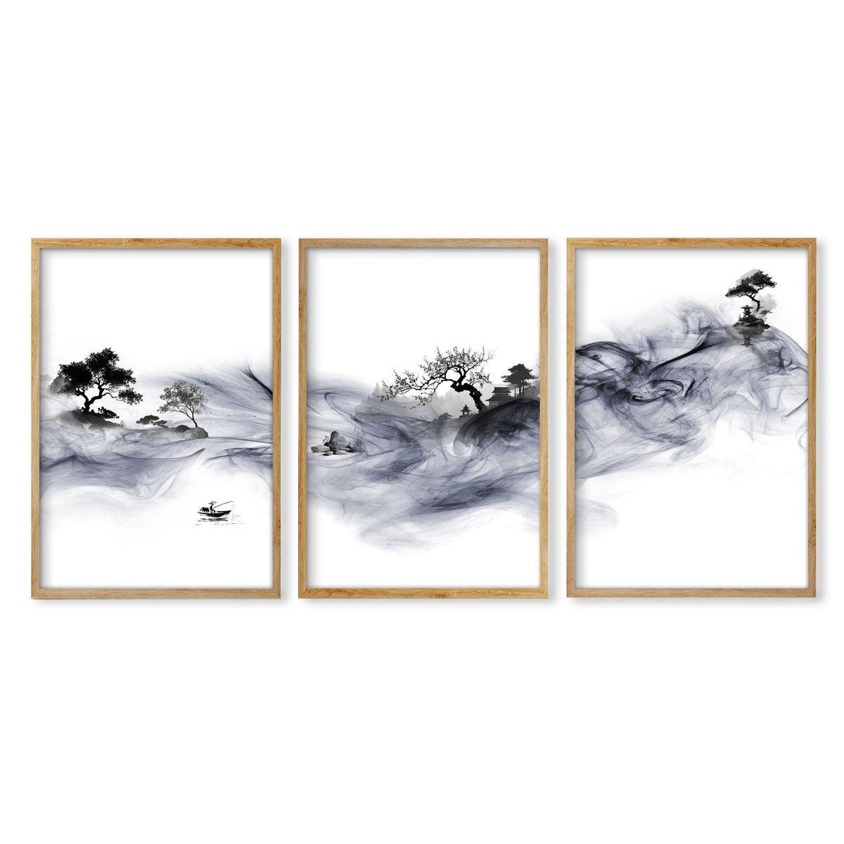 Japanese Art wall art Ink Wash Asian Landscape with Fisherman & Pagoda in an oak frame