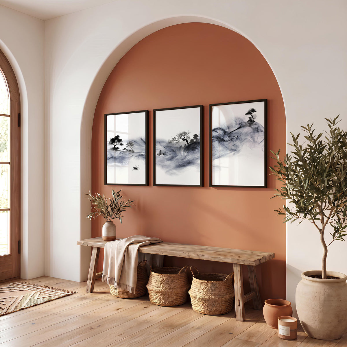 Japanese Art wall art UK | Ink Wash Landscape with Fisherman, Trees & Pagoda displayed on a wall in a styled room — view 10