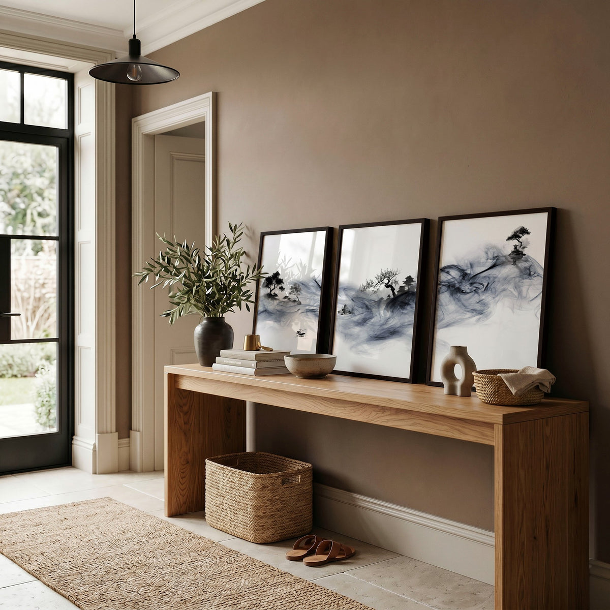 Japanese Art wall art UK | Ink Wash Landscape with Fisherman, Trees & Pagoda displayed on a wall in a styled room