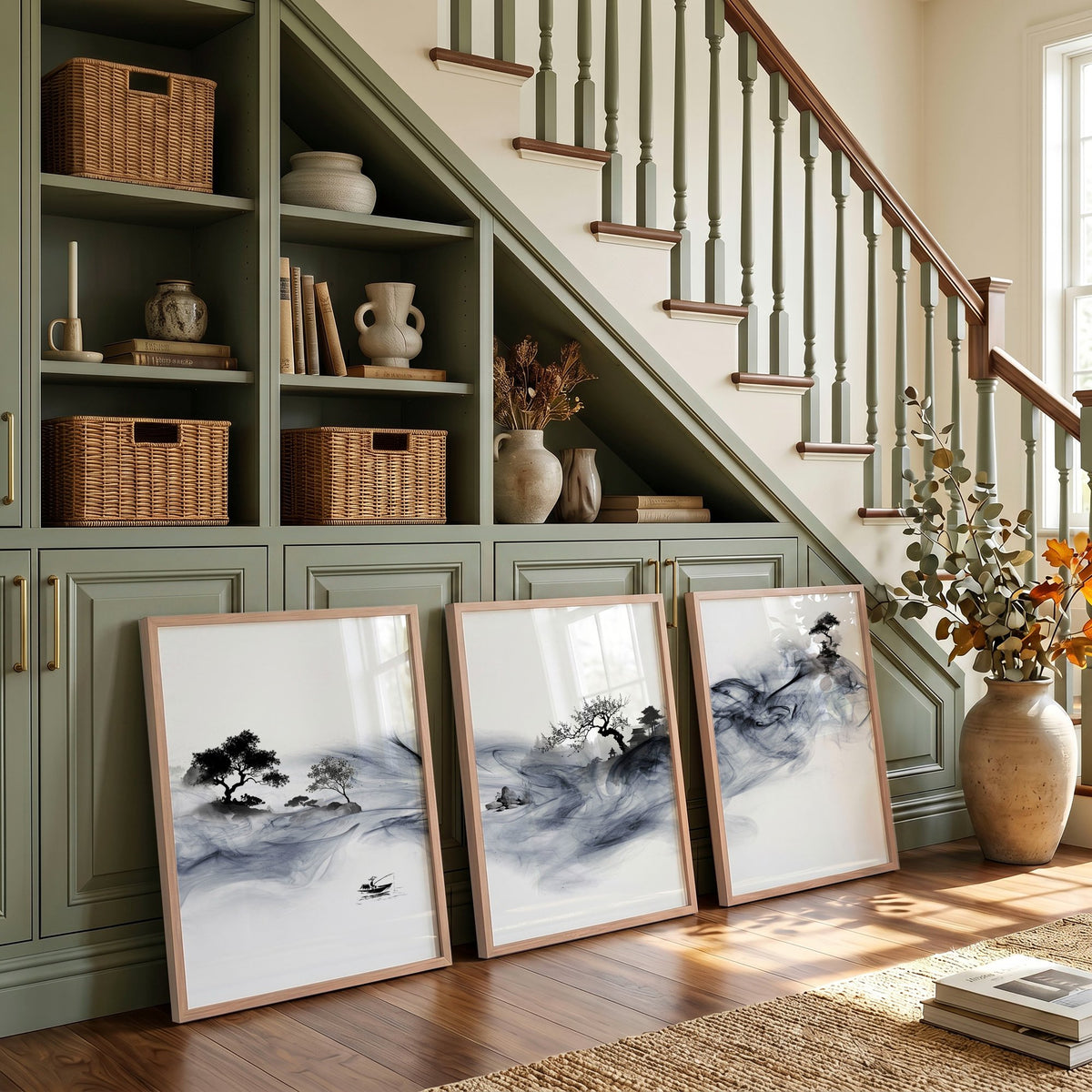 Japanese Art wall art UK | Ink Wash Landscape with Fisherman, Trees & Pagoda displayed on a wall in a styled room — view 3