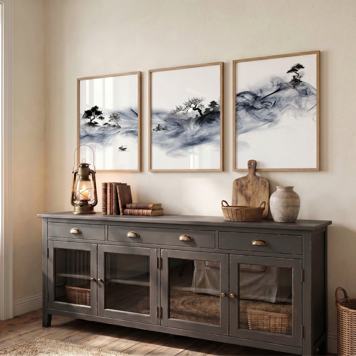 Japanese Art wall art UK | Ink Wash Landscape with Fisherman, Trees & Pagoda displayed on a wall in a styled room — view 6
