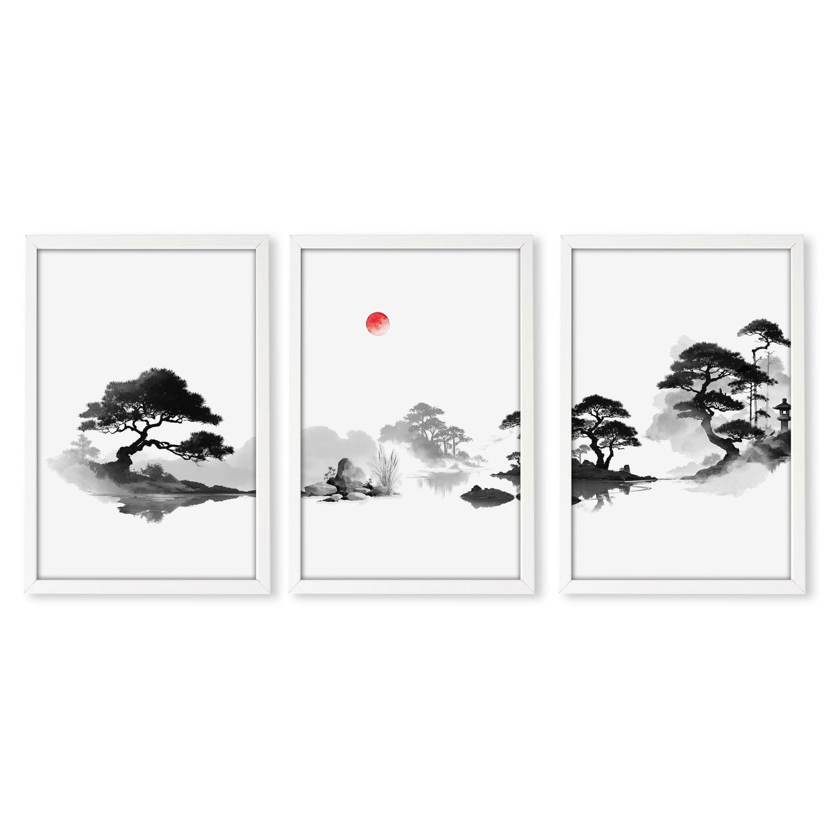 Japanese Art Ink Wash Landscape with Red Sun wall art in a white frame