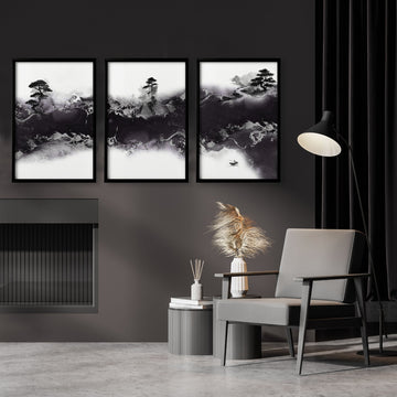 Japanese Canvas Art Ink Wash Landscape with Bonsai, Bridge & Lone Boat displayed on a wall in a styled room — view 2