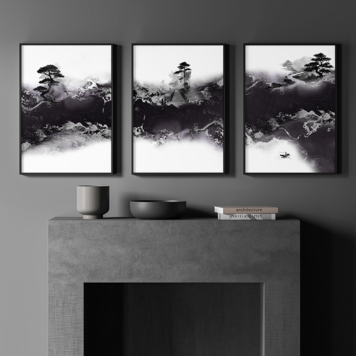 Japanese Canvas Art Ink Wash Landscape with Bonsai, Bridge & Lone Boat displayed on a wall in a styled room — view 3