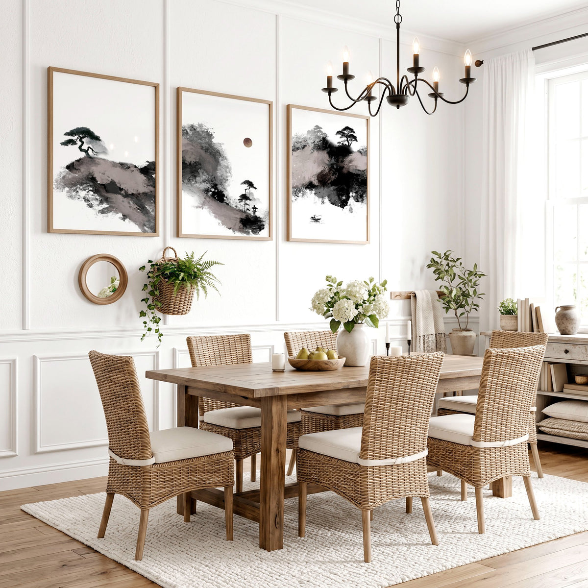 Japanese Posters Ink Wash Landscape with Maroon Sun, Pine Trees & Fisherman displayed on a wall in a styled room