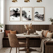 Japanese Posters Ink Wash Landscape with Maroon Sun, Pine Trees & Fisherman displayed on a wall in a styled room — view 3