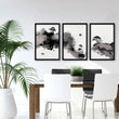 Japanese Posters Ink Wash Landscape with Maroon Sun, Pine Trees & Fisherman displayed on a wall in a styled room — view 4