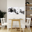 Japanese Posters Ink Wash Landscape with Maroon Sun, Pine Trees & Fisherman displayed on a wall in a styled room — view 5