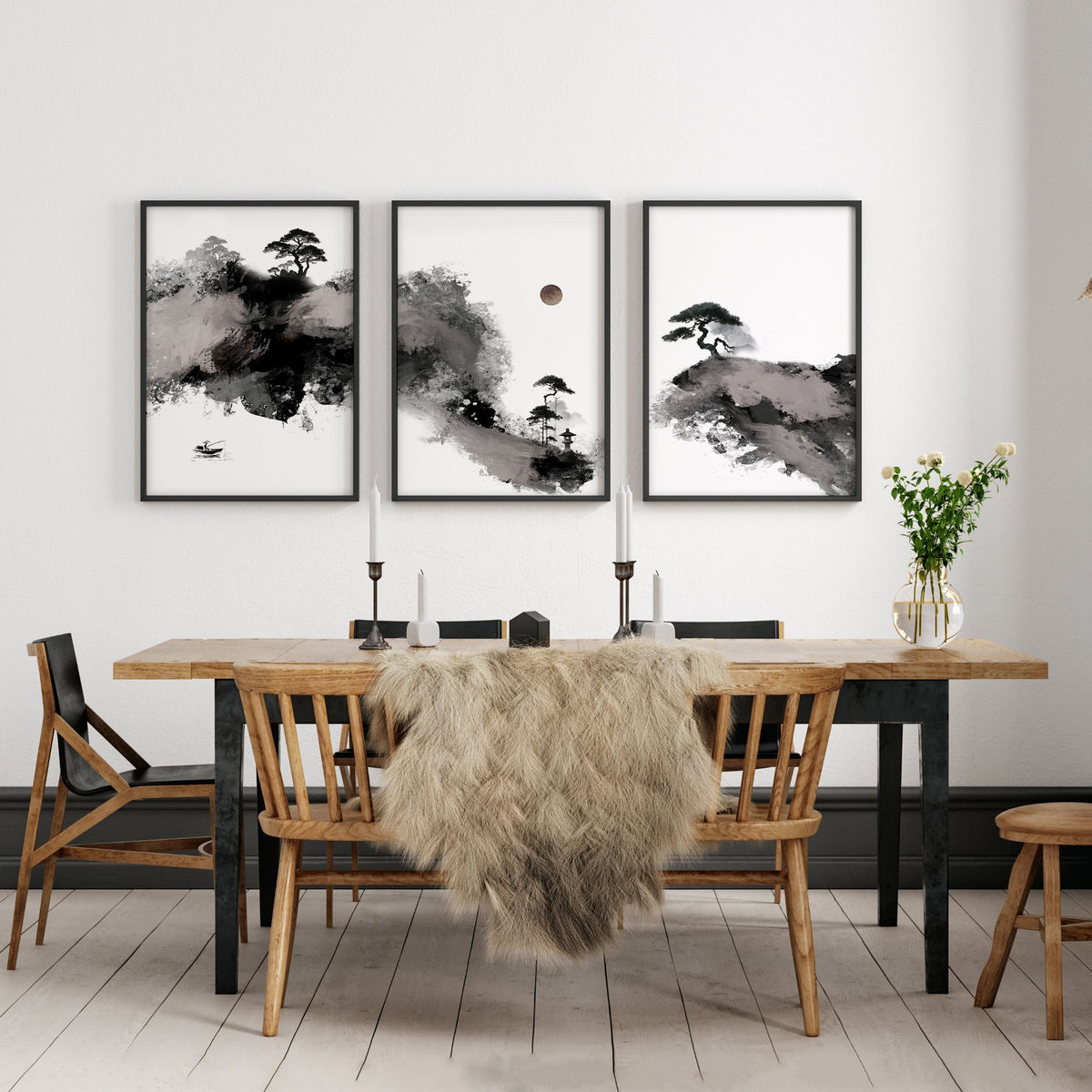 Japanese Posters Ink Wash Landscape with Maroon Sun, Pine Trees & Fisherman displayed on a wall in a styled room — view 6