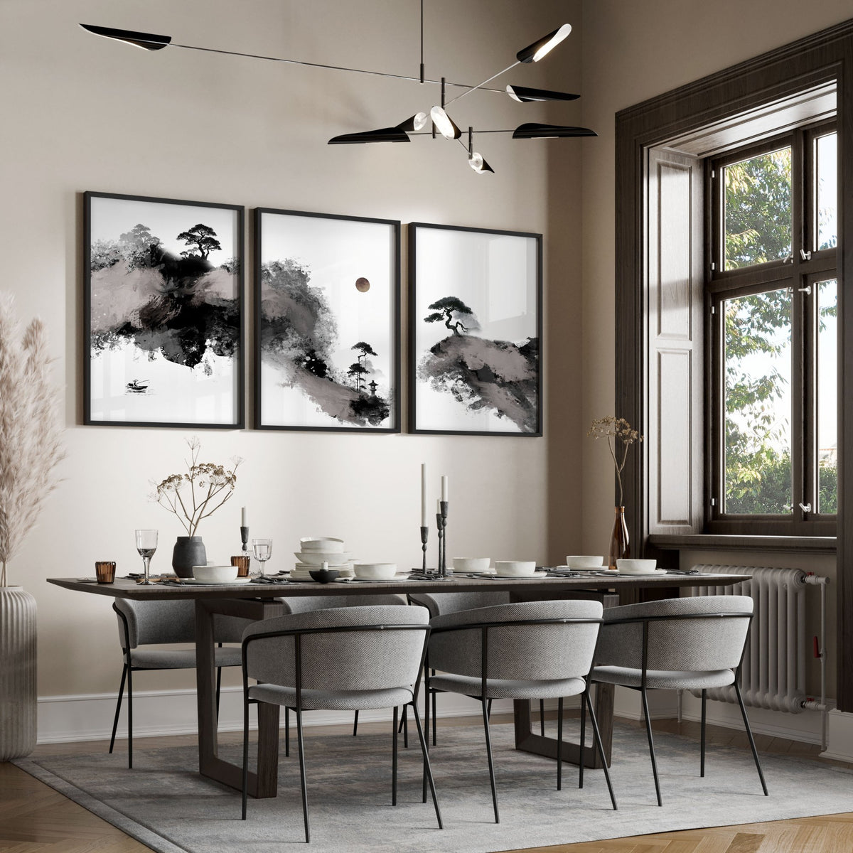 Japanese Posters Ink Wash Landscape with Maroon Sun, Pine Trees & Fisherman displayed on a wall in a styled room — view 7