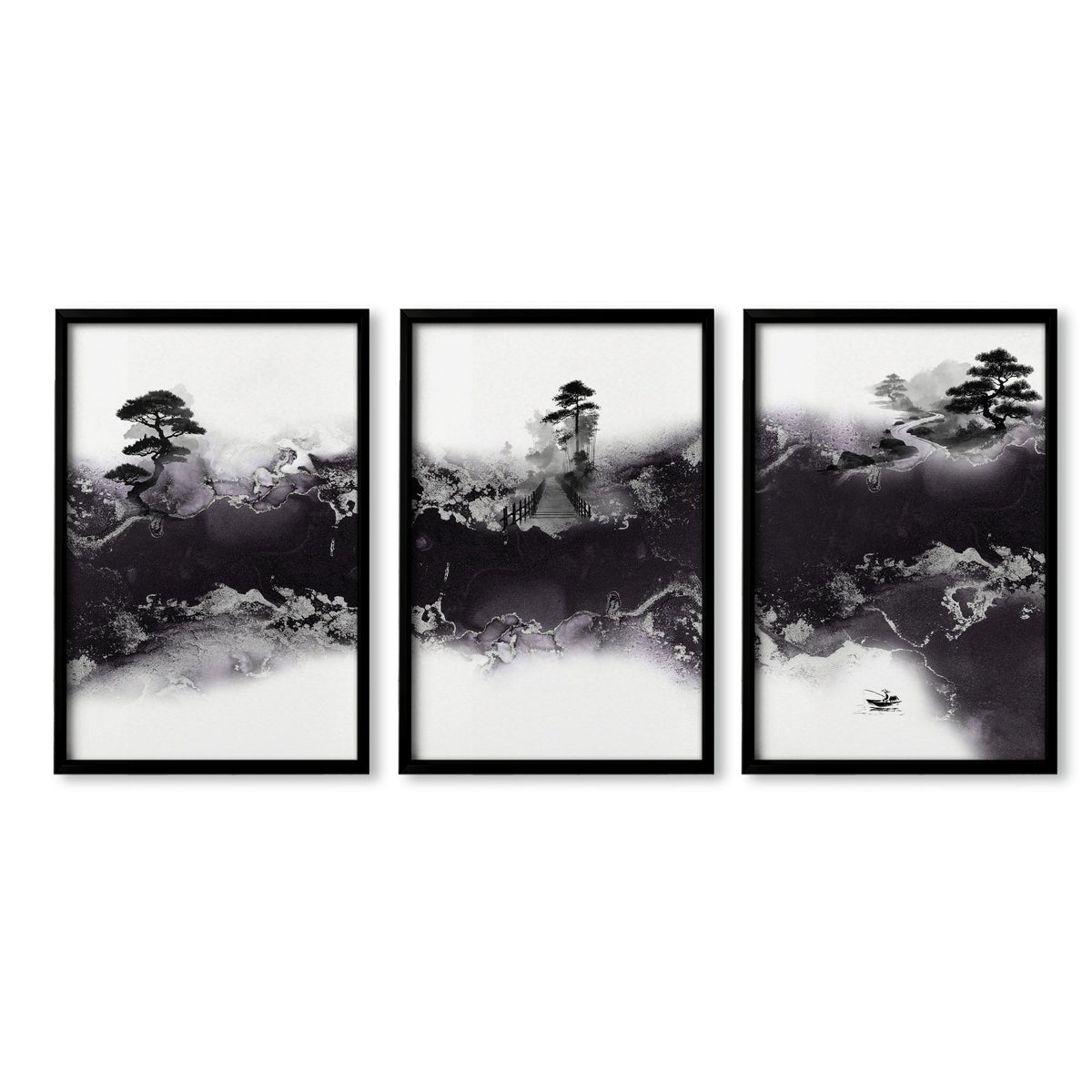 Japanese wall art Ink Wash Landscape | Bonsai, Bridge & Misty River in a black frame