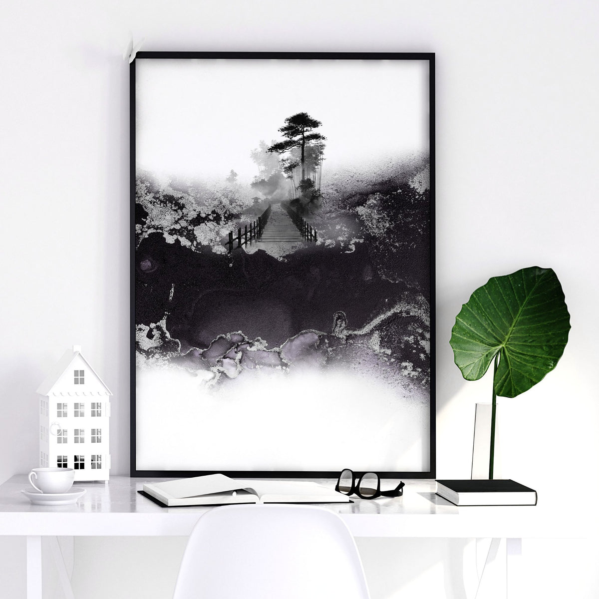 Japanese wall art Ink Wash Landscape | Bonsai, Bridge & Misty River — piece 3 of 3 in the set