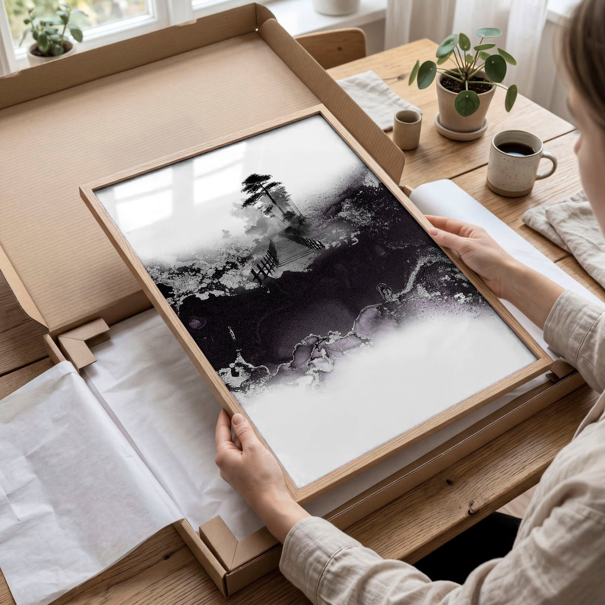 Japanese wall art Ink Wash Landscape | Bonsai, Bridge & Misty River displayed on a wall in a styled room — view 10