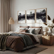 Japanese wall art Ink Wash Landscape | Bonsai, Bridge & Misty River displayed on a wall in a styled room