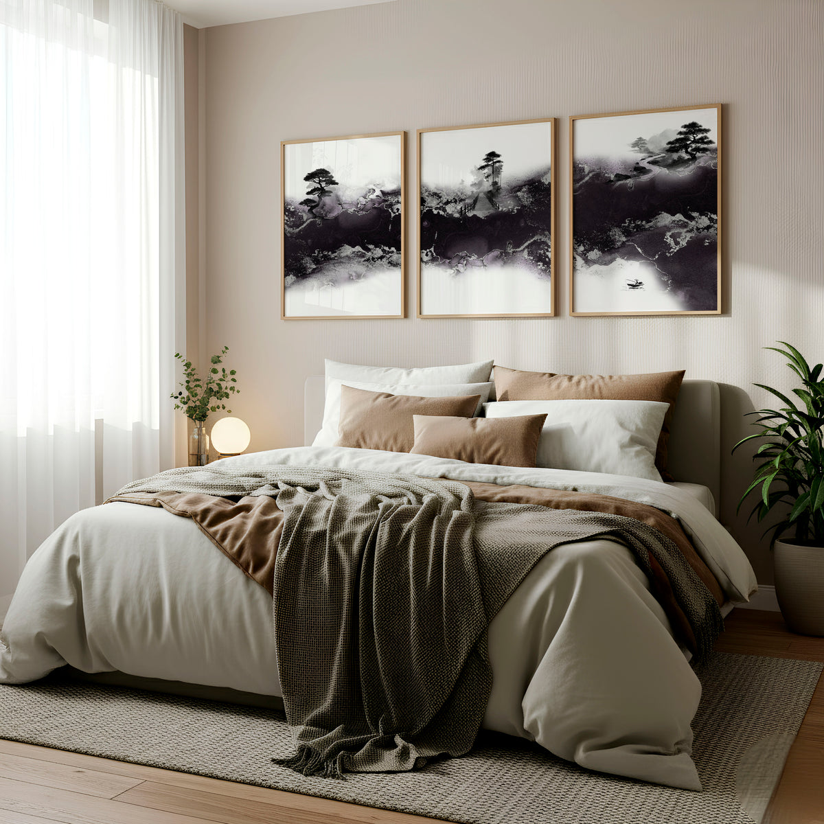 Japanese wall art Ink Wash Landscape | Bonsai, Bridge & Misty River displayed on a wall in a styled room — view 2