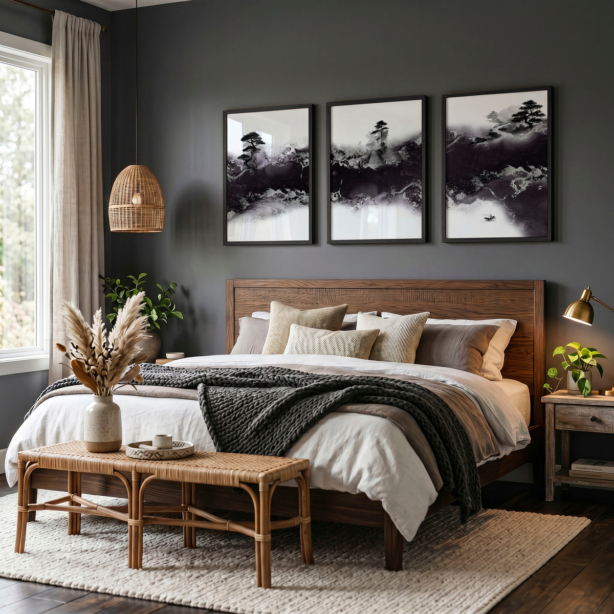 Japanese wall art Ink Wash Landscape | Bonsai, Bridge & Misty River displayed on a wall in a styled room — view 4