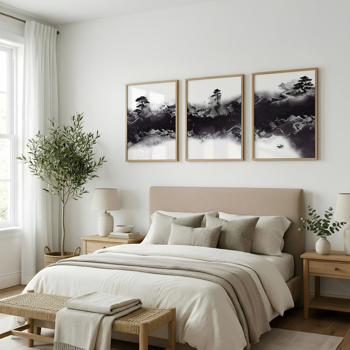 Japanese wall art Ink Wash Landscape | Bonsai, Bridge & Misty River displayed on a wall in a styled room — view 5