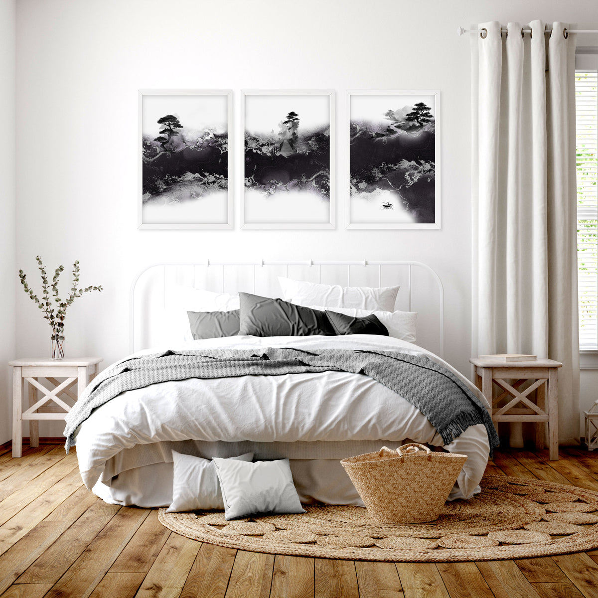 Japanese wall art Ink Wash Landscape | Bonsai, Bridge & Misty River displayed on a wall in a styled room — view 6