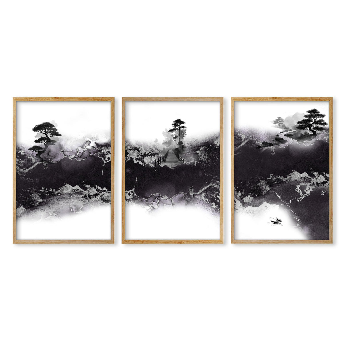 Japanese wall art Ink Wash Landscape | Bonsai, Bridge & Misty River in an oak frame