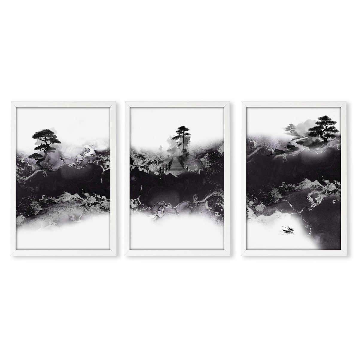 Japanese wall art Ink Wash Landscape | Bonsai, Bridge & Misty River in a white frame