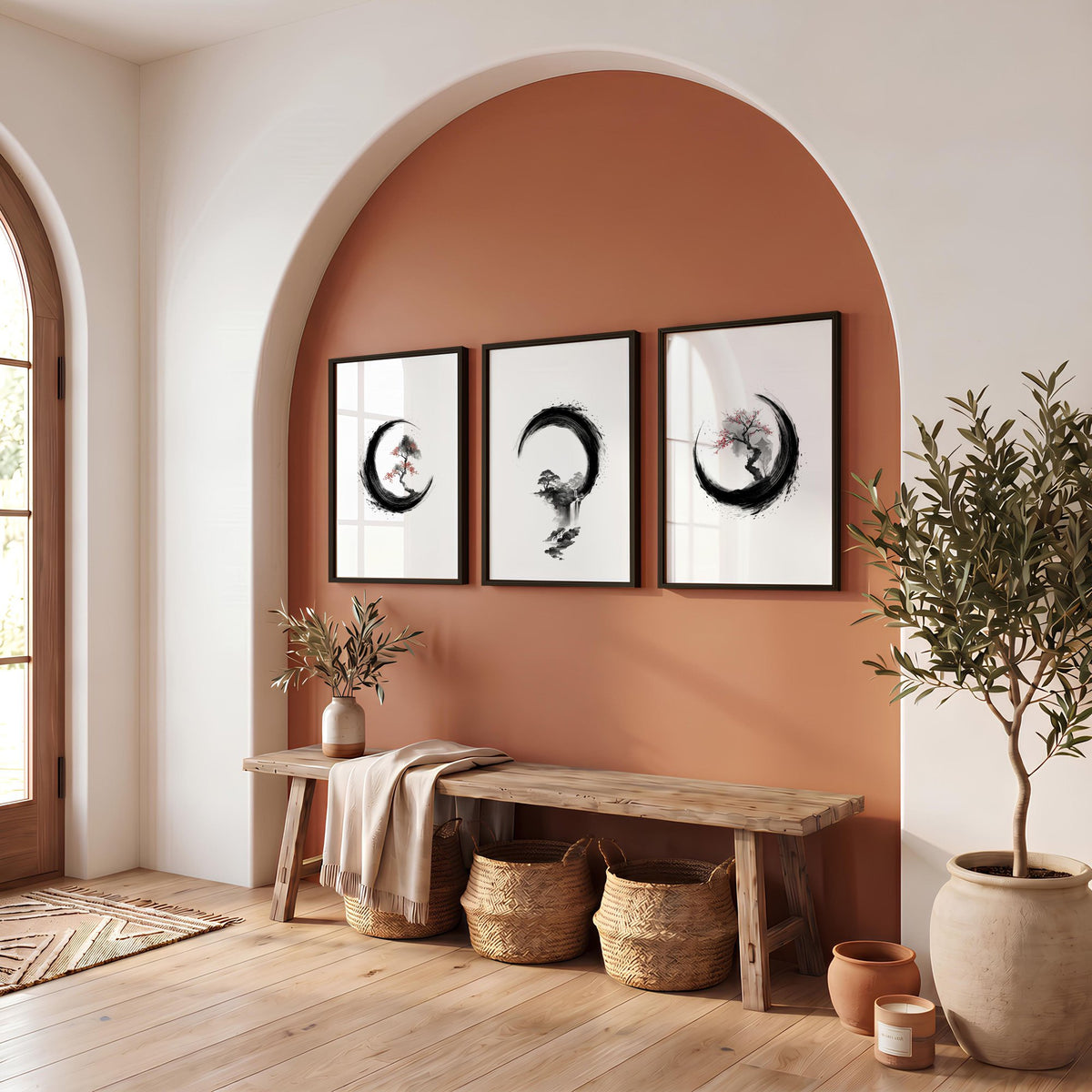 Japanese Wall Art Canvas Zen Enso Circle Ink Brush Blossom & Waterfall displayed on a wall in a styled room