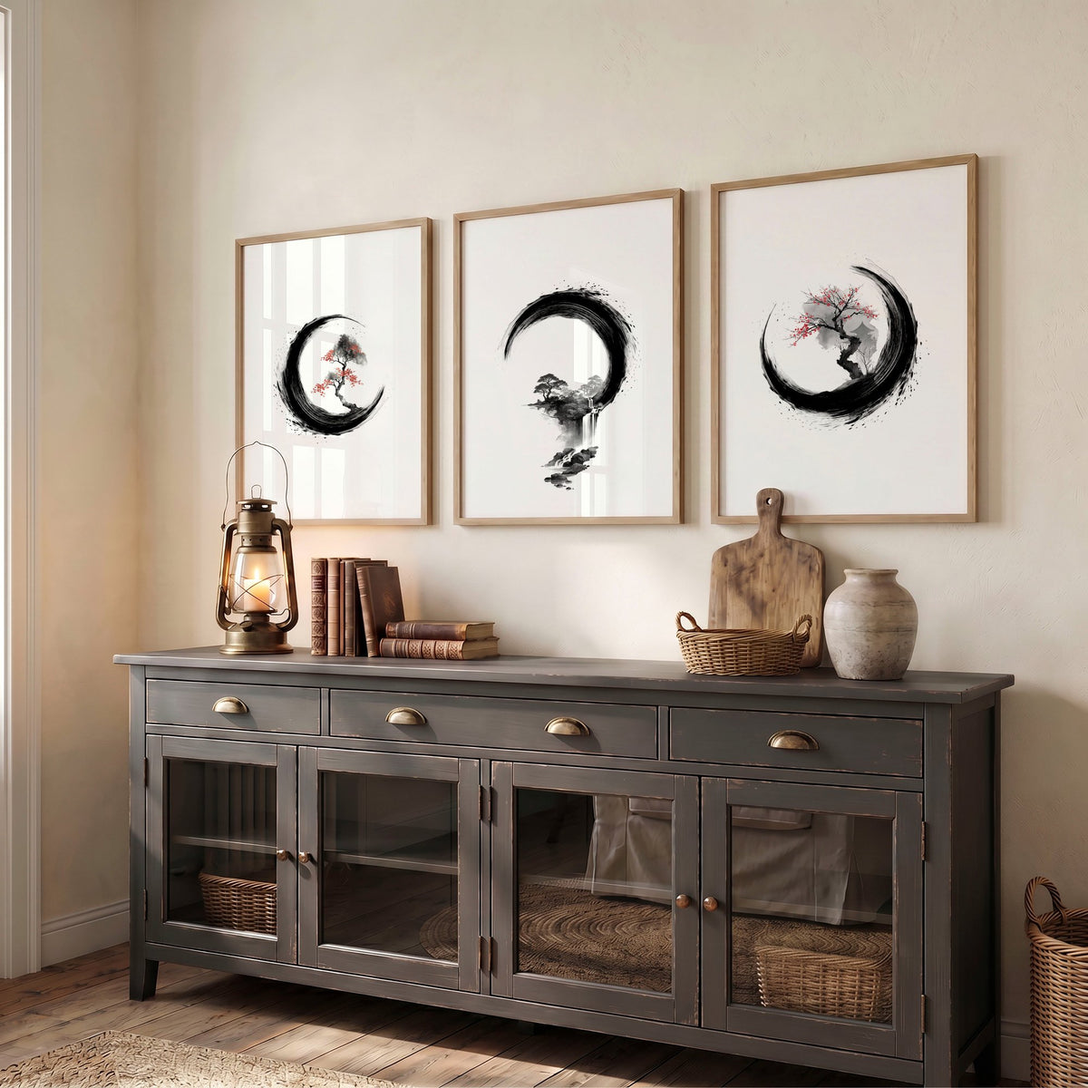Japanese Wall Art Canvas Zen Enso Circle Ink Brush Blossom & Waterfall displayed on a wall in a styled room — view 6