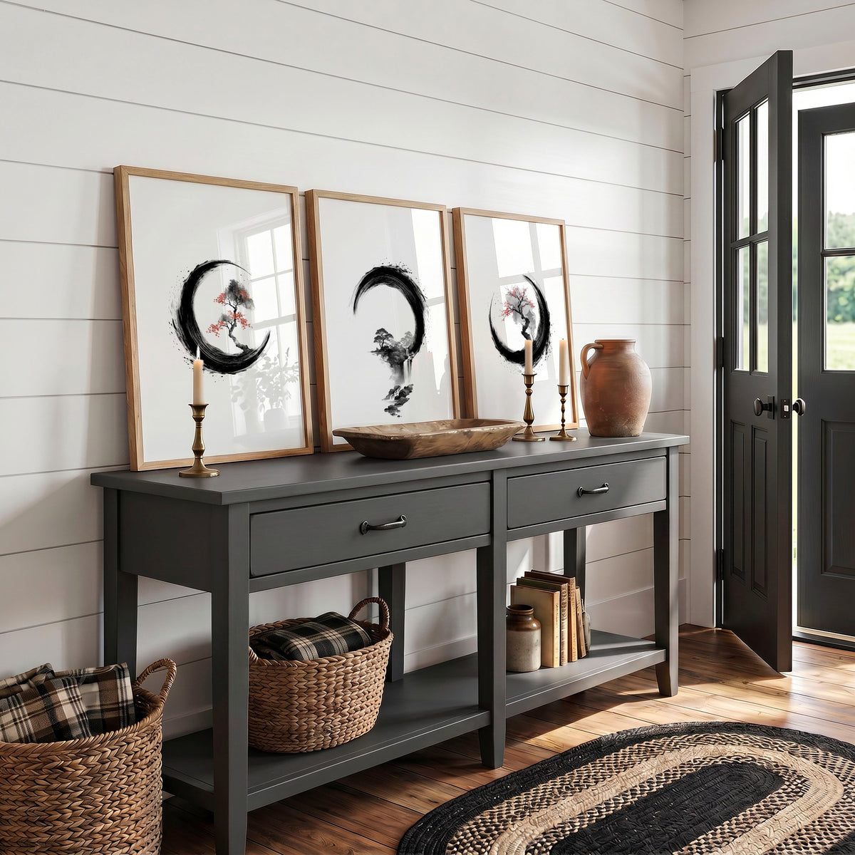 Japanese Wall Art Canvas Zen Enso Circle Ink Brush Blossom & Waterfall displayed on a wall in a styled room — view 7