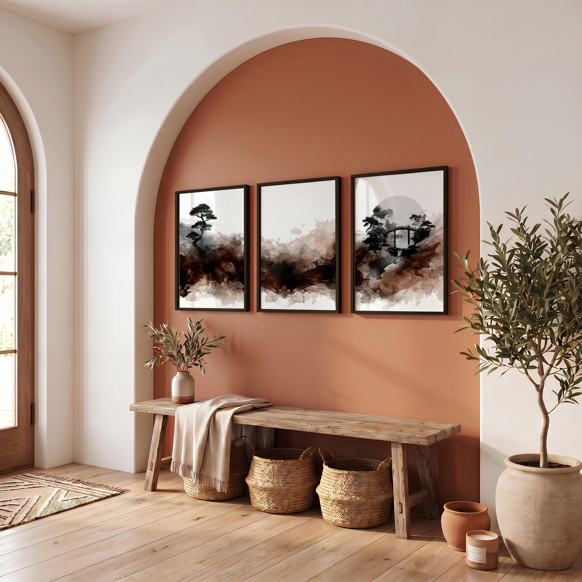 Japanese Wall Art UK | Bonsai, Bridge & Moon Ink Wash Japandi wall art displayed on a wall in a styled room