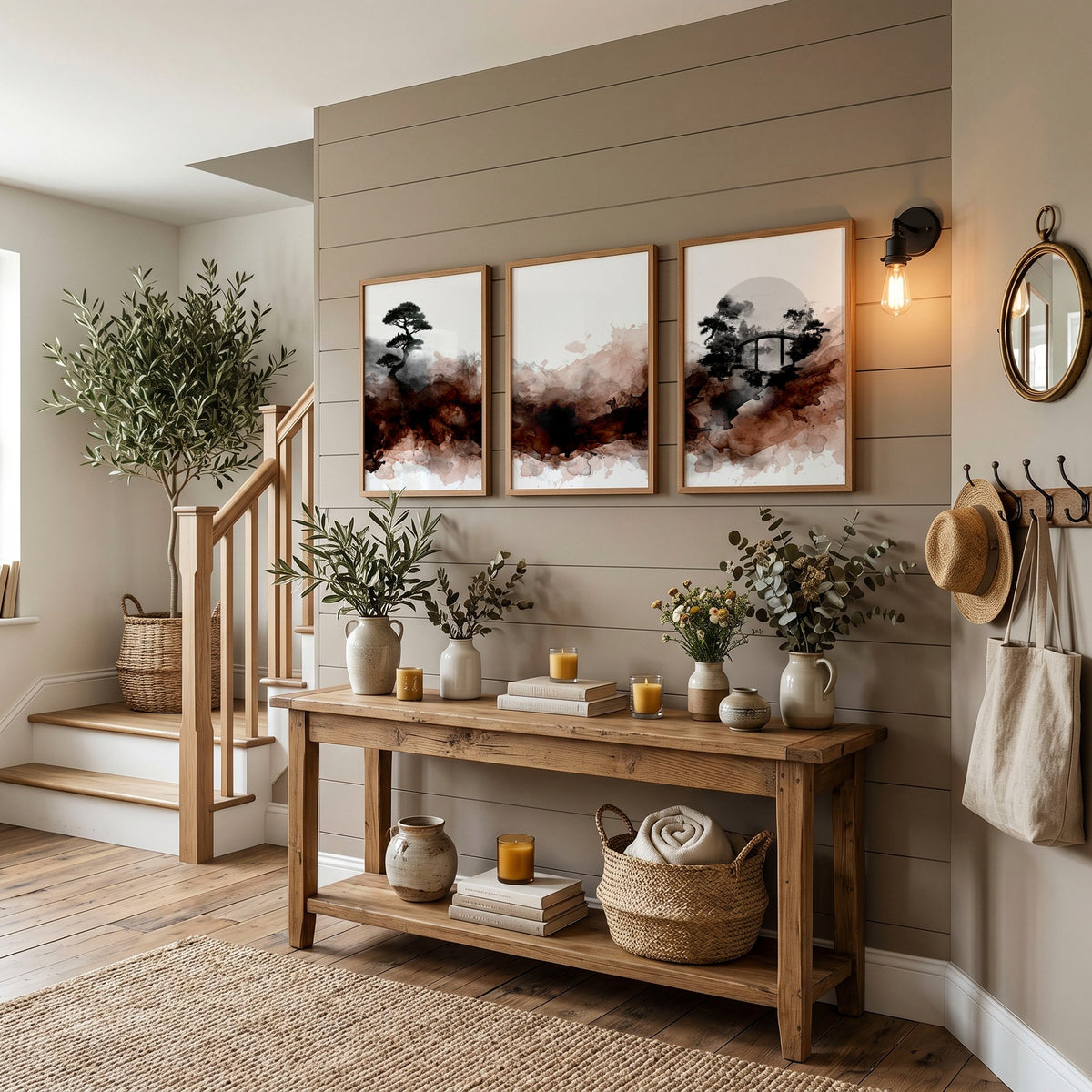 Japanese Wall Art UK | Bonsai, Bridge & Moon Ink Wash Japandi wall art displayed on a wall in a styled room — view 10